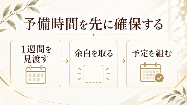 予備時間を先に確保する。1週間を見渡し、余白を取り、そのうえで予定を組む。