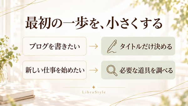 ブログを書きたいならタイトルだけ決める。新しい仕事を始めたいなら必要な道具を調べる。最初の一歩を小さくする例
