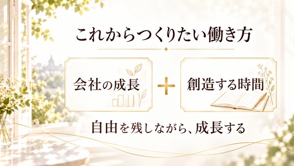 これからつくりたい働き方。会社の成長と創造する時間を両立し、自由を残しながら成長するという目指す方向。